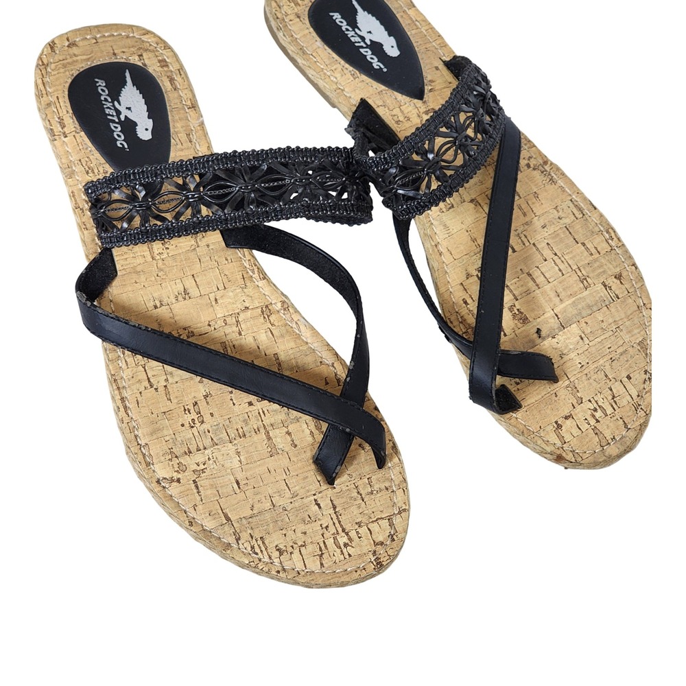 Rocket Dog Womens Black Strappy Cork Flat Sandals Macrame Toe Loop Size 9 C346XW